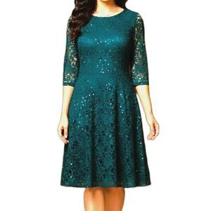 CHRIS MCLAUGHLIN Dress Teal Green Lace Classy Shiny Women Size 8 Medium NEW NWT